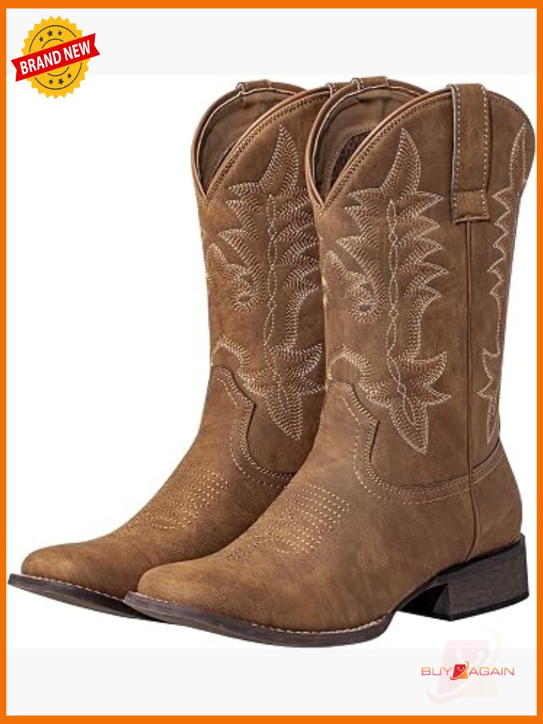 Cowboy Boots Square Toe Wide Calf Pull On Fashion Embroidery Western Boots